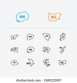 Cartography icons set. Greece and cartography icons with romania, monaco and moldova. Set of balkan for web app logo UI design.