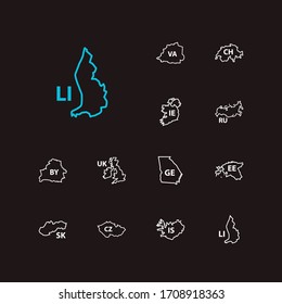 Cartography icons set. Uk and cartography icons with russia, estonia and georgia. Set of english for web app logo UI design.