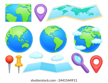 Cartography map and navigation point, travel tip and magnifier, earth globe and clouds isolated on white. Worldwide navigate buttons, place search objects, atlas navigation map