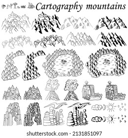 Cartography. The mountains. Elements for creating maps fantasy or games. Sea, ocean and mountains with forests, hills. Black and white hand drawn set.