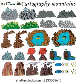 Cartography. The mountains. Elements for creating maps fantasy or games. Sea, ocean and mountains with forests, hills. Black and white hand drawn set.