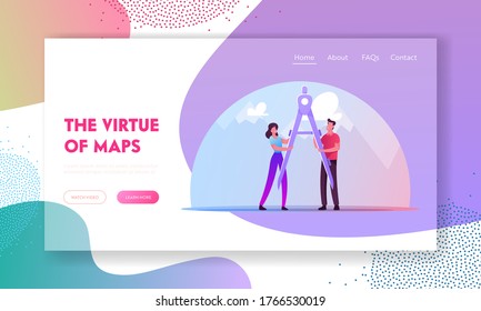 Cartography, Navigation Landing Page Template. Tiny Characters Holding Huge Compass or Divider for Measuring Distance on Map. Choose Correct Direction, Tourism or Hiking. Cartoon Vector Illustration