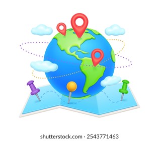 Cartography navigation map, connected gps points in 3D design. Vector atlas with destination markers, global travel concept of roads and pins. Worldwide pointers, clouds and world earth planet
