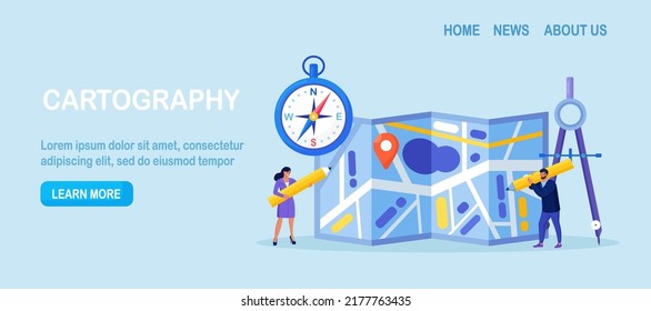 Cartography, Topography. People with Compass, Divider and Pencil Planning Tourist Route, Put Marks for Destination Points. Characters Orienteering at Huge Paper Map, Searching Way. Geography concept