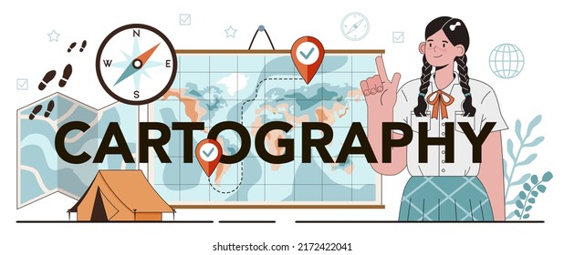 Cartography typographic header. Students learning the lands and inhabitants of the Earth. Mapping and environment research. Geography and geology studying. Flat vector illustration