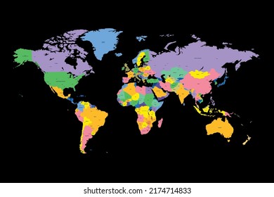cartography. world map on black background. all countries of the world. political map. vector illustration