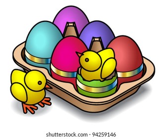 A carton of 6 brightly colored easter eggs with foil ribbons and two fluffy chicks.