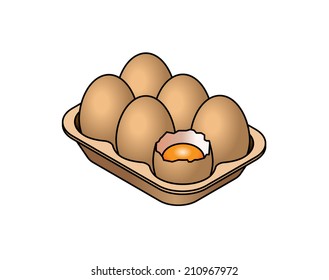 A carton of 6 brown eggs with one broken open to show the yolk.