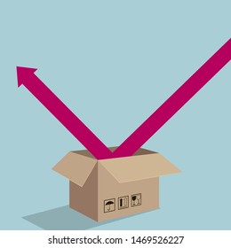 Carton and arrow symbol. Isolated on blue background.