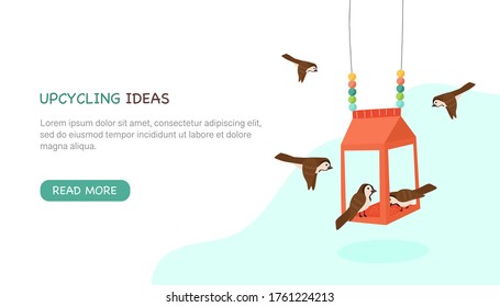 Carton bird feeder. Handmade street house for feeding birds from milk or juice package. Zero waste, upcycling craft ideas, reuse of utilized. Colourful vector illustration isolated on white background