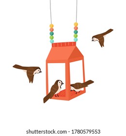 Carton bird feeder. Handmade street house for feeding birds from milk or juice package. Zero waste, upcycling craft ideas, reuse of utilized. Colourful vector illustration isolated on white background