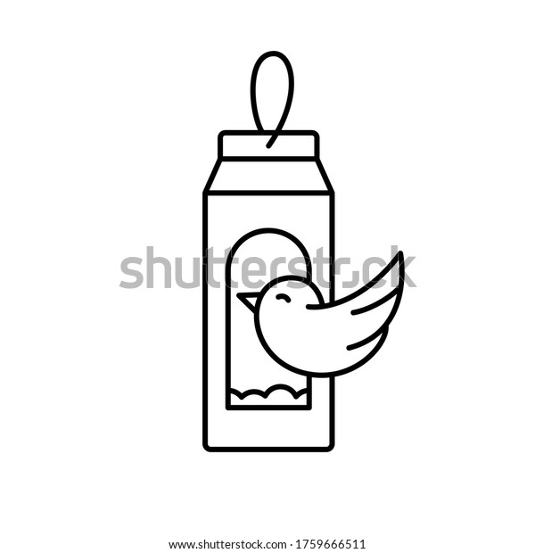 Carton bird feeder. Linear icon of DIY\
birdhouse. Black illustration of handmade street house for feeding\
birds from milk or juice package. Upcycled Craft. Contour isolated\
vector, white\
background