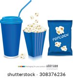 Carton bowl full of popcorn and paper glass of drink.vector