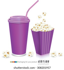 Carton Bowl Full Of Popcorn And Paper Glass Of Drink.vector