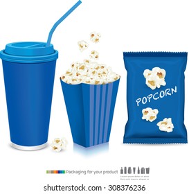 Carton Bowl Full Of Popcorn And Paper Glass Of Drink.vector