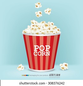 Carton bowl full of popcorn and paper glass of drink.vector