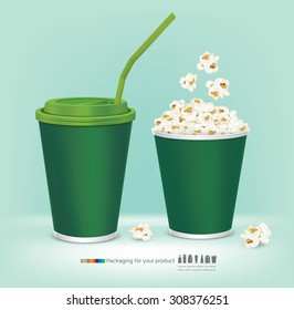 Carton Bowl Full Of Popcorn And Paper Glass Of Drink.vector