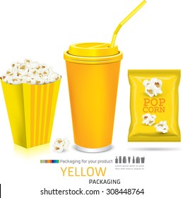 Carton bowl full of popcorn and paper glass of drink.vector