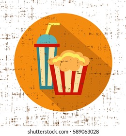Carton bowl full of popcorn and paper glass of drink, screen texture vector