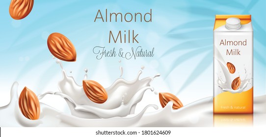 Carton box with almond milk. Nuts and milk splashes. Fresh and natural. Realistic. 3D Mockup Vector