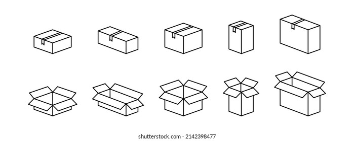 Carton box black icon set. Opened and closed carton box icons. Cardboard box set isolated on white background. Delivery package. Vector graphic illustration. EPS 10