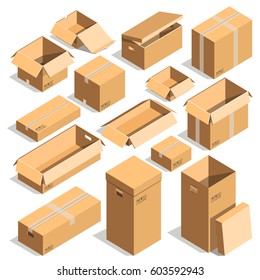 Carton box or cardboard post packages templates. Vector isolated icons of open and close shipping parcel paper packs for delivery sealed with adhesive tape