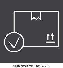 Carton box with check mark line icon, logistic and delivery, order delivery sign vector graphics, a linear pattern on a black background, eps 10.