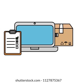 carton box with checklist and laptop