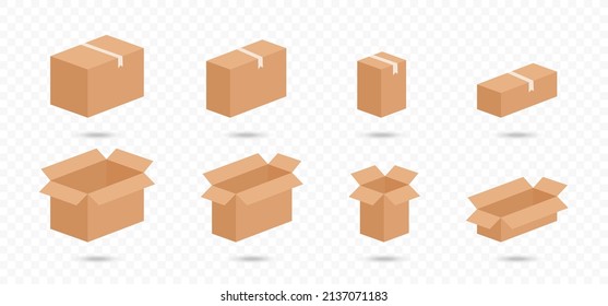 Carton box collection. Opened and closed carton boxes. Cardboard box set isolated on transparent background. Delivery package. Realistic 3d design gift box. Vector graphic illustration. EPS 10

