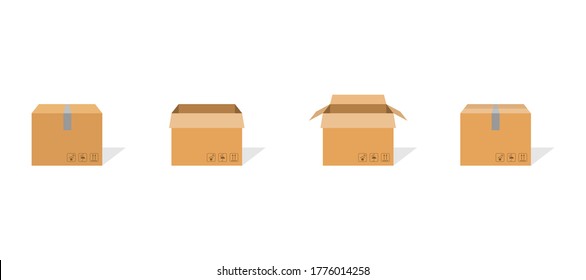 Carton box container set. Package delivery parcel with scotch and fragile sign. Open and closed carton pack with shadow. Warehouse symbol in flat design. Brown cardbox. Vector EPS 10