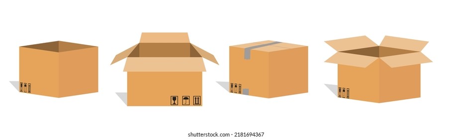 Carton box container. Shipping carton open and closed box with breakable signs. Cardboard box mockup set. Stock Vector - Shutterstock ID 2181694367