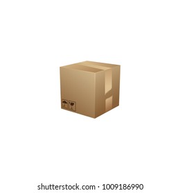 Carton box container vector illustration, cardboard box pack with handling packing icons, text stickers, bar code, closed parcel box, package paper box flat cartoon design isolated on white