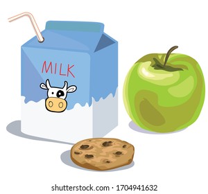 carton box of dairy milk icon symbol with straw snack cookie sweets and apple isolated on white background