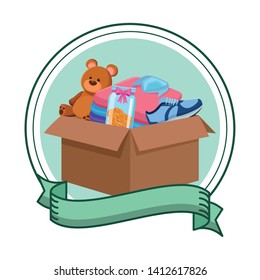 carton box with diferents things inside, teddy bear toy, glass jar with coins, sneaker and folded clothes in round icon with ribbon