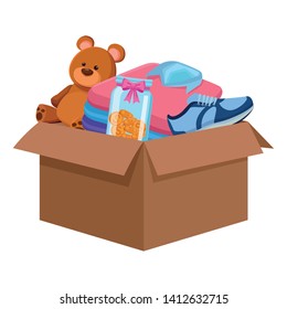 Carton Box With Diferents Things Inside, Teddy Bear Toy, Glass Jar With Coins, Sneaker And Folded Clothes Vector Illustration Graphic Design