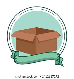 carton box empty icon cartoon in round icon with ribbon