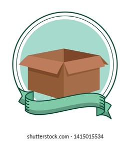 carton box empty icon cartoon in round icon with ribbon