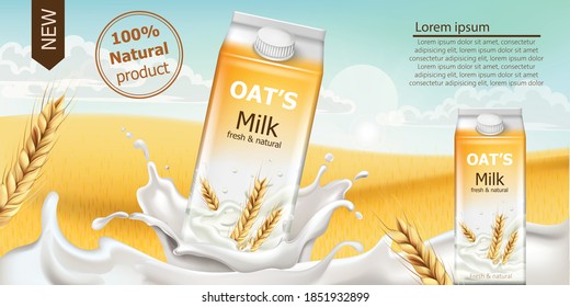 Carton box with fresh and natural oat milk in a field full of grains. Blue cloudy sky. Realistic 3D mockup product placement. Place for text. Vector