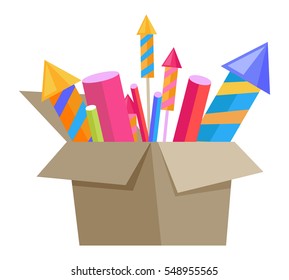 Carton box full of bright pyrotechnics isolated on white. Collection of cartoon fireworks in paper container. Flat vector illustration of explosive holiday equipments for Christmas and New Year