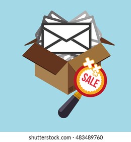 Carton box lupe and envelope icon. Email marketing message communication and media theme. Colorful design. Vector illustration