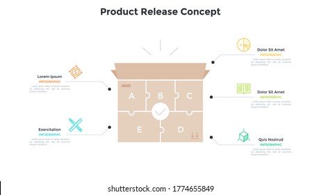 Carton box made of 5 jigsaw puzzle pieces. Concept of five steps to product release, manufacturing process completion. Simple infographic design template. Modern flat vector illustration for banner.