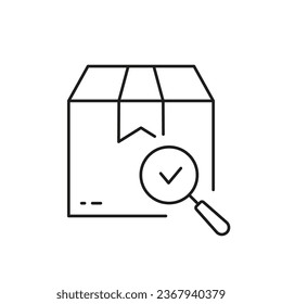 Carton Box with Magnifier and Checkmark Line Icon. Check Parcel Pictogram. Delivery Service Symbol. Approved Product, Quality Goods in Container Sign. Editable Stroke. Isolated Vector Illustration.