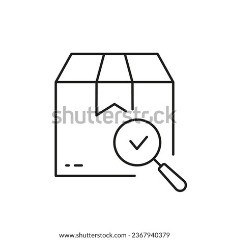 Carton Box with Magnifier and Checkmark Line Icon. Check Parcel Pictogram. Delivery Service Symbol. Approved Product, Quality Goods in Container Sign. Editable Stroke. Isolated Vector Illustration.