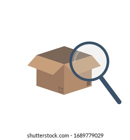 Carton box with magnifying glass icon isolated on white background. Parcel examination concept. Flat vector illustration.