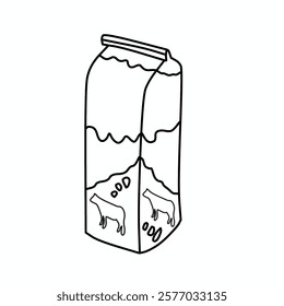 Carton box of milk hand drawn outline doodle icon.Vector Cartoon Fresh Cows Milk In A Box Line Art. 