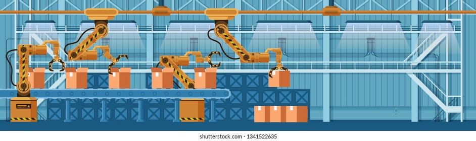 Carton Box Moving on Robotic Claw Packing Conveyor. Automatic Yellow Robot Arm Crane Grabbing Carboard Package. Manufacture Tool. Smart Technology. Flat Cartoon Vector Illustration