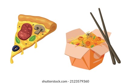 Carton Box with Noodles and Chopsticks and Slice of Pizza as Fast Food Vector Set