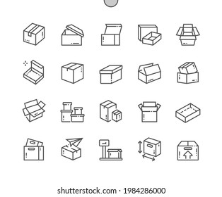 Carton box. Open box. Weight, size, send box. Packaging, transportation, merchandise, corrugated and delivery. Pixel Perfect Vector Thin Line Icons. Simple Minimal Pictogram