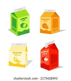 Carton box of orange juice, apple, lemon and banana smoothie. Juice pack template. Fruit icons, symbols, logos. Juice carton pack. Drink small box illustration.
