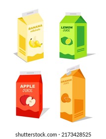 Carton box of orange juice, apple, lemon and banana smoothie. Juice pack template. Fruit icons, symbols, logos. Juice carton pack. Drink small box illustration.